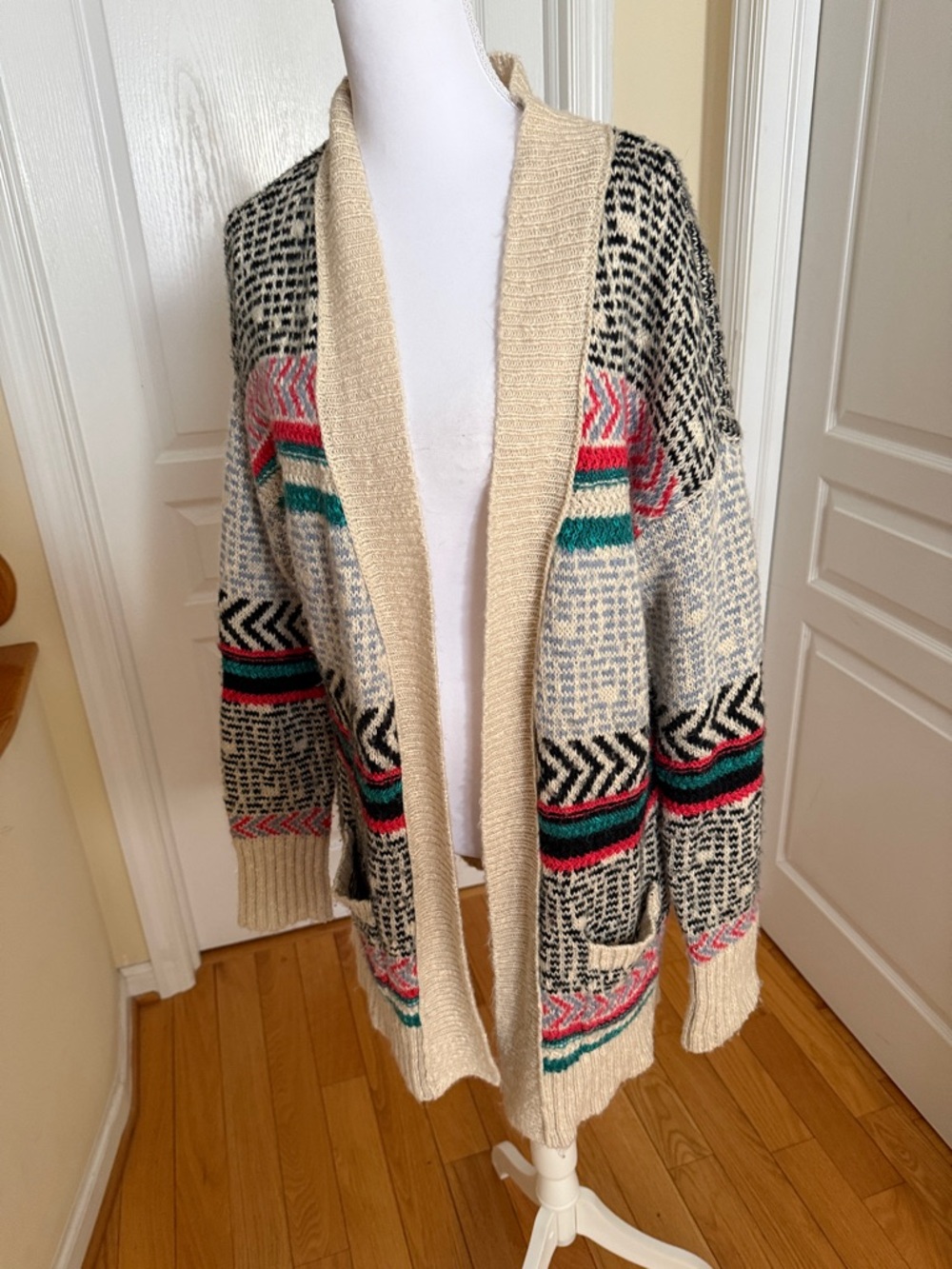 Mossimo Supply Co. Cream Open-Front Cardigan with Pink and Teal Accents